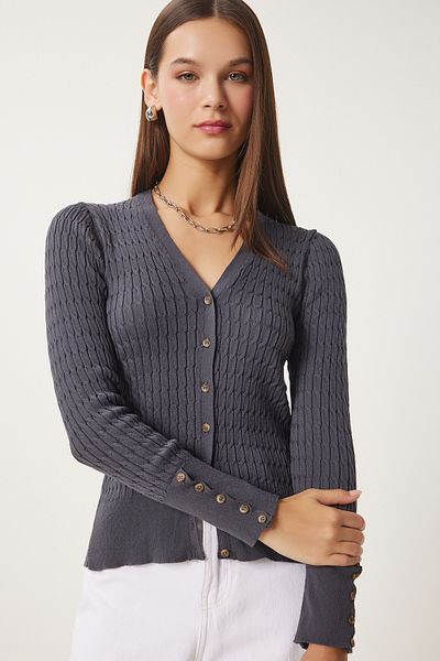 Happiness İstanbul Dámsky antracitový úplet Thessaloniki podrobný úplet Saran Cardigan Fn03399