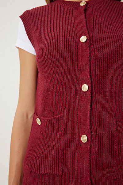 Happiness İstanbul Women's Burgundy Stylish Buttoned Pocket Knitwear Vest Us00948