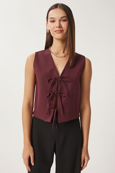 Happiness İstanbul Burgunderrote gewebte Weste mit Schleife für Damen GP00013