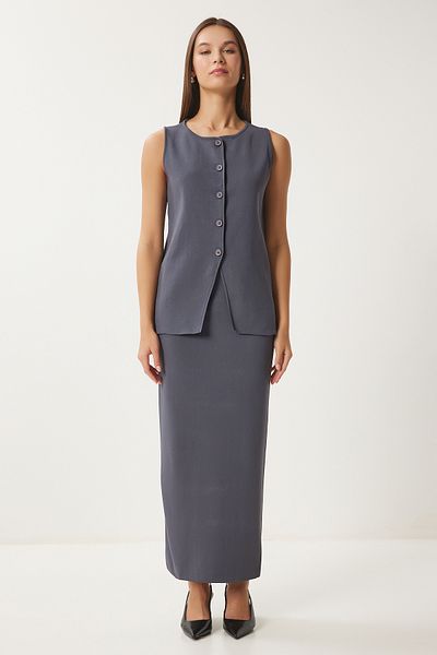 Happiness İstanbul Women's Anthracite Knitwear Vest Skirt Set Fn03396