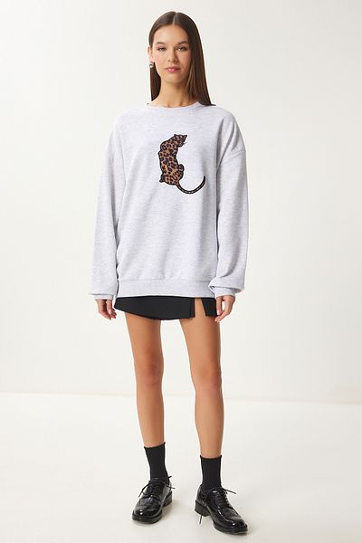 Happiness İstanbul Gray Leopard Embroidered Oversize Women's Sweetshirt - Fn03428
