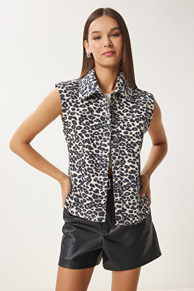 Happiness İstanbul Дамска дънкова жилетка с яка и яка на риза в цвят екрю Fn03418