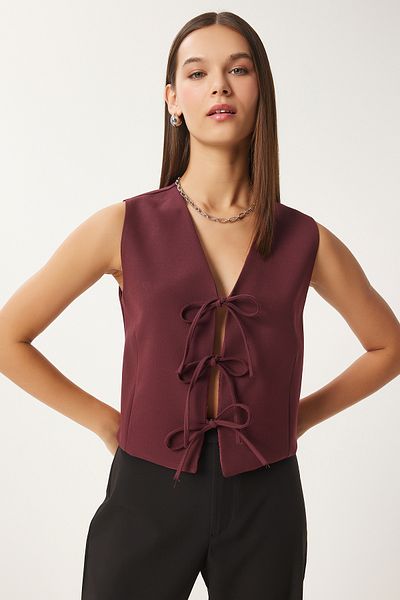 Happiness İstanbul Burgunderrote gewebte Weste mit Schleife für Damen GP00013