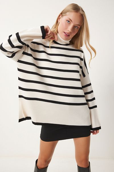 Happiness İstanbul Women's Ecru Black Striped Oversize Knitwear Sweater Bv00122