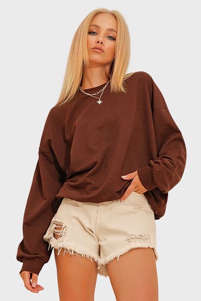 Trend Alaçatı Stili Bitterbraunes Oversize-Sweatshirt mit Rundhalsausschnitt für Damen ALC-669-001