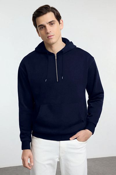 Trendyol Collection Тъмносин, основен, голям/широк крой, с цип и качулка, без повдигане TMNAW25SW00103