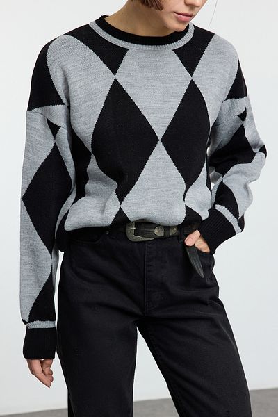 Edit by Trendyol Gray Argyle Crew Neck Regular Knitwear Sweater Tedaw25Kz00039