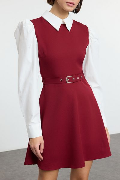 Trendyol Collection Rochie mini țesută cu detaliu de cămașă cu centură burgundă în talie TWOAW25EL00398