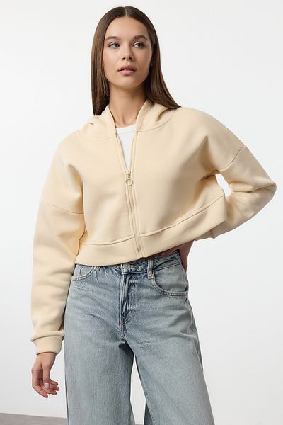 Trendyol Collection Bequeme Passform – Crop-Sweatshirt mit Steinreißverschluss, Kapuze, dickes Fleece innen TWOAW20SW0660