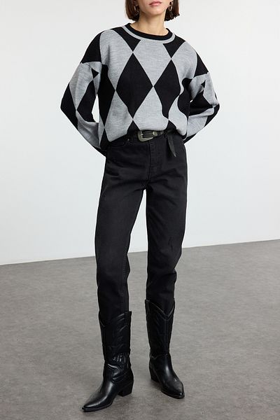 Edit by Trendyol Gray Argyle Crew Neck Regular Knitwear Sweater Tedaw25Kz00039
