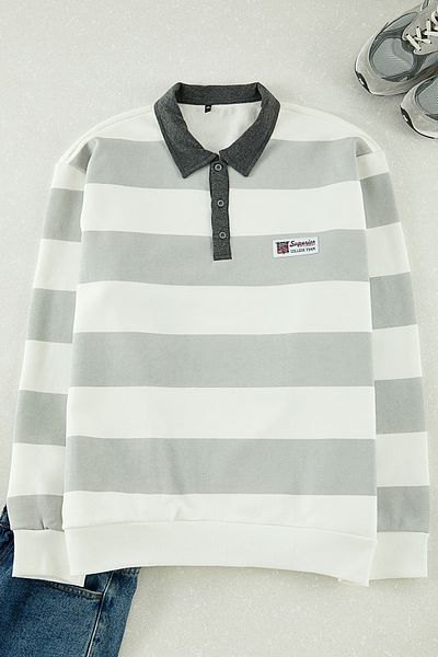 Trendyol Collection Plus Size Ecru Regular/Normal Cut Cotton Striped Sweatshirt with Fleece Inside Tmnaw25Ao00003
