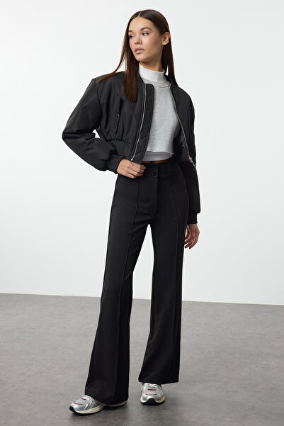 Trendyol Collection High Waist Rib Detailed Black Flare Trousers - Spanish Leg Twoaw25Pl00071