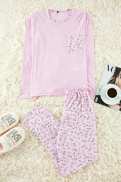 Edit by Trendyol Set pijamale tricotate florale din bumbac liliac cu buzunare TEDAW25PT00022