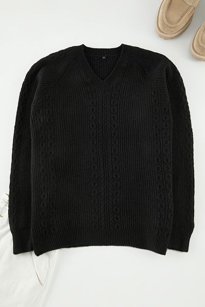 Trendyol Collection Черен плетен пуловер с V-образно деколте Tmnaw25Kz00075
