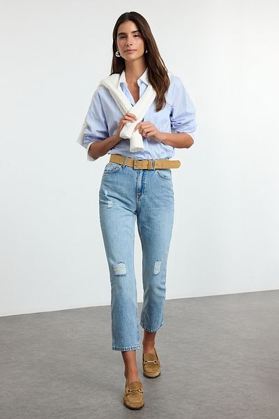 Trendyol Collection Blugi drepti cu talie înaltă cu detaliu rupt albastru gheață TWOSS22JE0431