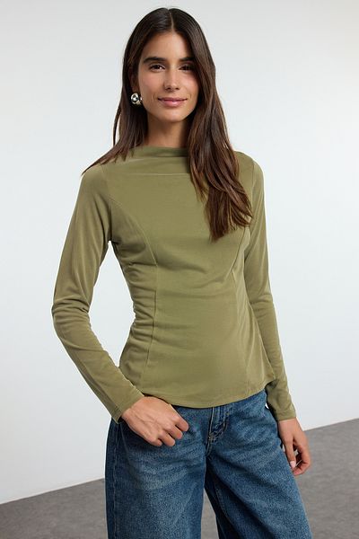 Trendyol Collection Πλεκτή μπλούζα με πράσινη μοντέρνα ραβδωτή λαιμόκοψη - TWOAW25BZ00280