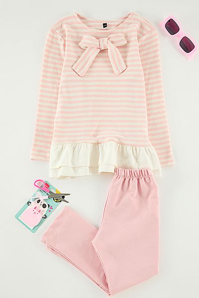 TRENDYOLKIDS Dusty Rose pamut csíkos pulóver és melegítőnadrág szett lányoknak - TKDAW25AU00053