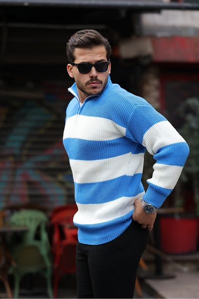 Valiberta Oversize Striped Thessaloniki Knitted Half Zipper Knitwear Men's Sweater - Blue