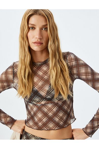 Koton Tricou crop în carouri din tul transparent cu mânecă lungă