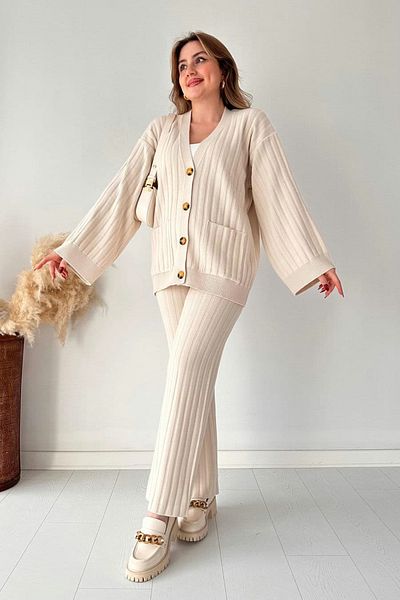 MaziButik Ecru Thick Corded Cardigan Set