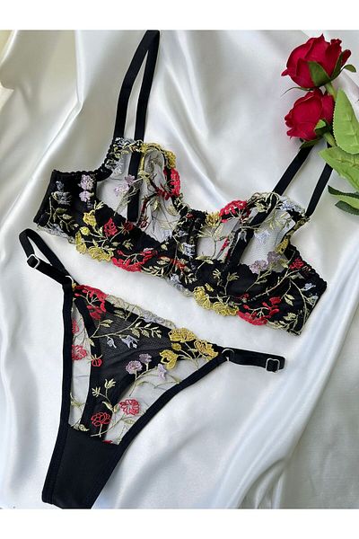 dem merys Black Floral Print Underwire Bra Set