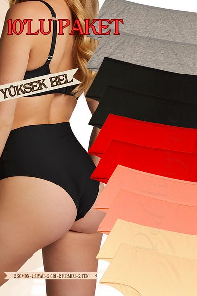 red iç giyim Women's High Waist Plus Size Cotton Panties - Pack of 10 (Slip)