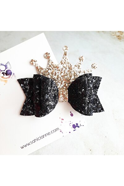 Sahici Anne Siyah-Açık gold Glittery Taçlı Fiyonk Klipsli Toka, 10cm