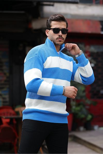 Valiberta Oversize Striped Thessaloniki Knitted Half Zipper Knitwear Men's Sweater - Blue