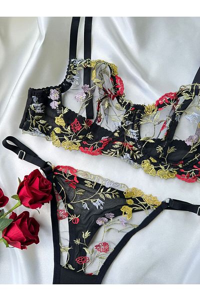 dem merys Black Floral Print Underwire Bra Set