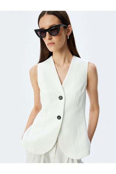 Koton Dlouhá blejzrová vesta Slim Fit s knoflíčky a výstřihem do V