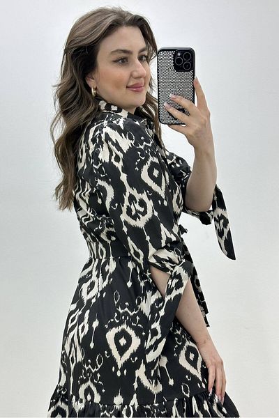 MaziButik Rochie din poplin imprimată cu jumătate de mânecă neagră