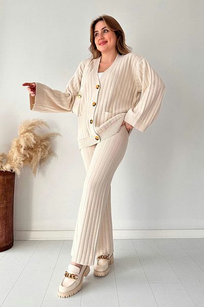 MaziButik Ecru Thick Corded Cardigan Set