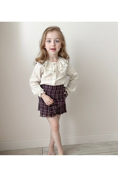 azecekids Plum Tweed Button Detailed Baby Collar Shirt Shorts Skirt Girl's Bottom Top Double Set