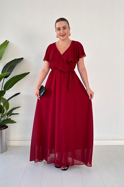 MaziButik Rochie din șifon Maxi Burgundy - Guler cu volan