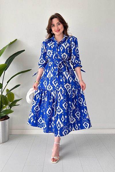 MaziButik Rochie din popelin imprimat cu jumatate de maneca Saks Blue