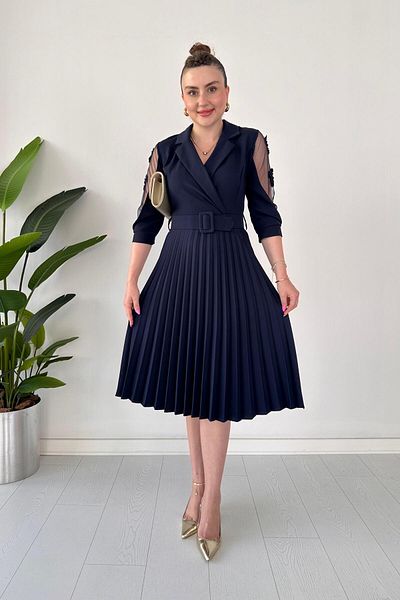 MaziButik Navy Blue Tulle Pleated Sleeve Dress