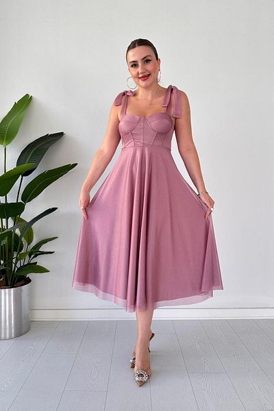 MaziButik Rochie de seara evazata cu sclipici Dusty Rose