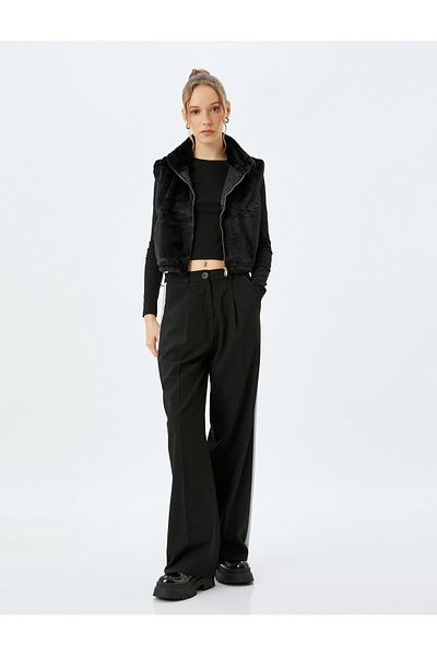 Koton Faux Fur Stand Collar Zippered Crop Lined Vest
