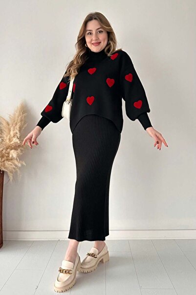 MaziButik Black Heart Patterned Sweater and Dress Set