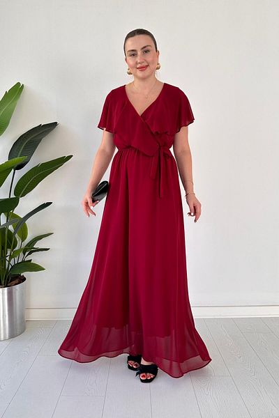 MaziButik Rochie din șifon Maxi Burgundy - Guler cu volan