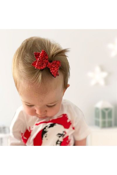 Sahici Anne Red Glittery Bow Hairless Baby Barrette, 6cm