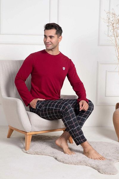 Mecit Pijama Set de pijamale pentru bărbați din bumbac, cu mâneci lungi, în carouri
