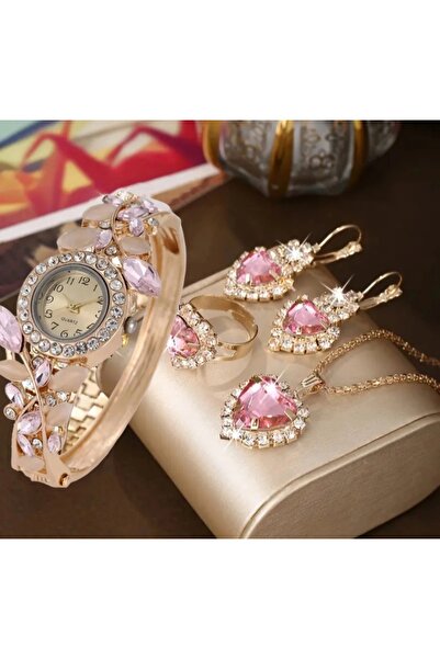 stainless steell VİP lüks pembe zarif kuvars taşlı saat 5 parça set