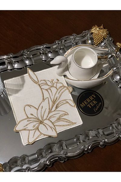 MERRY TEK Gold Colored Floral Coffee Side Presentation Cocktail Napkins Set of 6