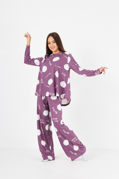 LİVE SPORT Women's Crew Neck Long Sleeve Spanish Leg Cotton Pajamas Set