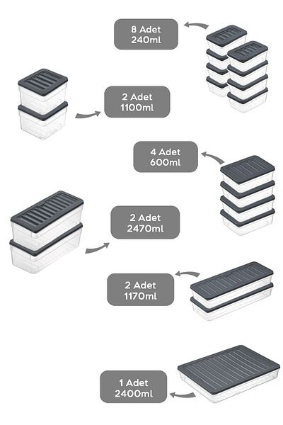Meleni Home Anthracite Refrigerator Organizer Set of 19 - Deep and Shallow Microwave Freeze Container