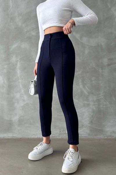 FEVİLLE Women's Navy Blue High Waist Slim-Leg Chest Fabric Trousers