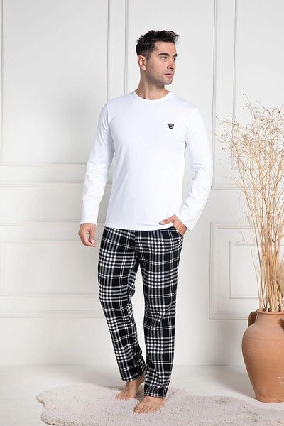 Mecit Pijama Set de pijamale pentru bărbați, cu mâneci lungi, în carouri, din bumbac de iarnă