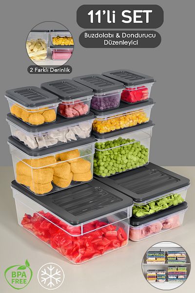 Meleni Home 11-Piece Microwave Compatible Organizer Set - Deep and Shallow Anthracite Food Food Food Storage Container