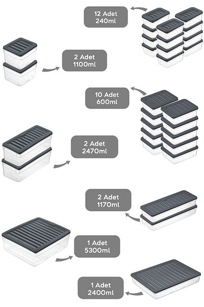 Meleni Home Set of 30 Anthracite Color Microwave Food Food and Organizer - Deep and Shallow Storage Container